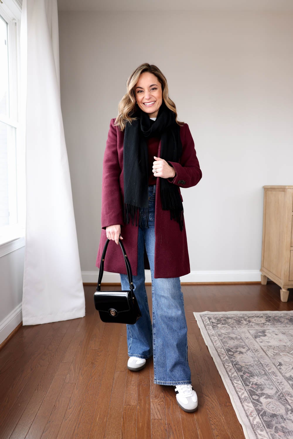 Monochromatic Burgundy with Wide-Leg Jeans and Sneakers Monochromatic Burgundy with Wide-Leg Jeans and Sneakers — Winter Outfits with Jeans