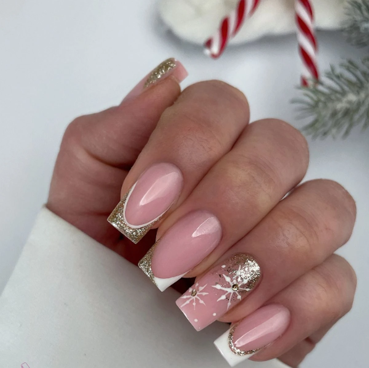 Gold Glitter French Snowflake — Winter Nails