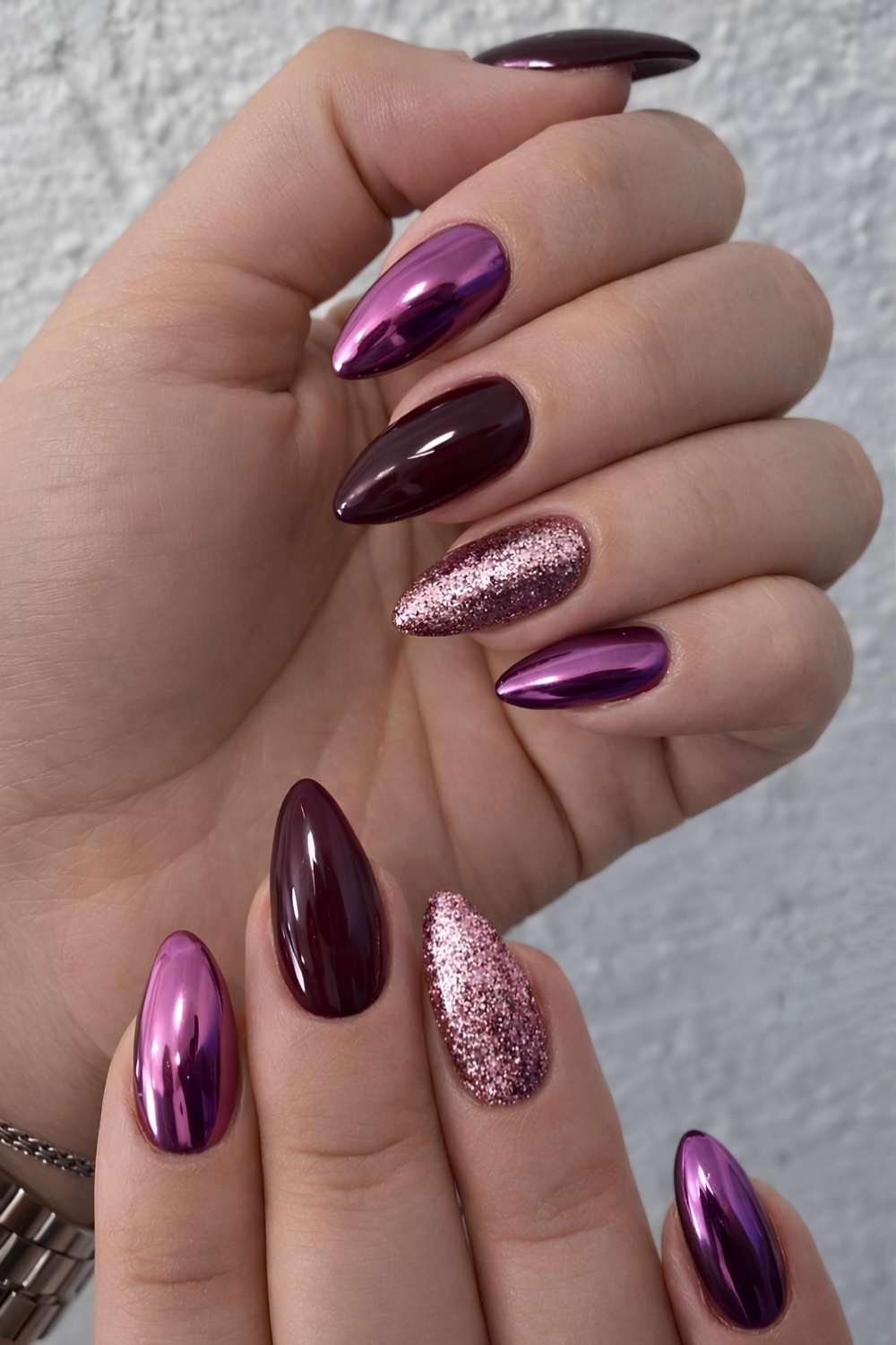 Mixed Chrome and Glitter Stilettos — Winter Chrome Nails