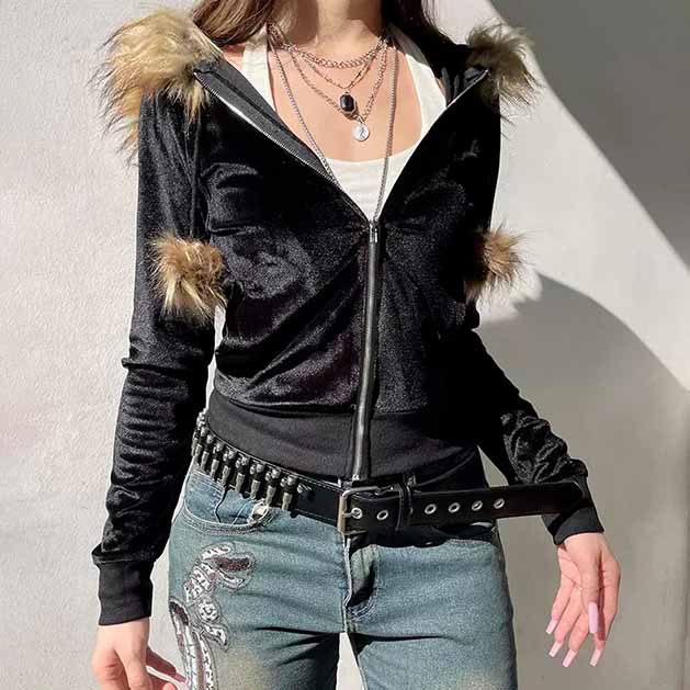 Velour Hoodie with Faux Fur Trim and Studded Belt — Baddie Winter Outfits