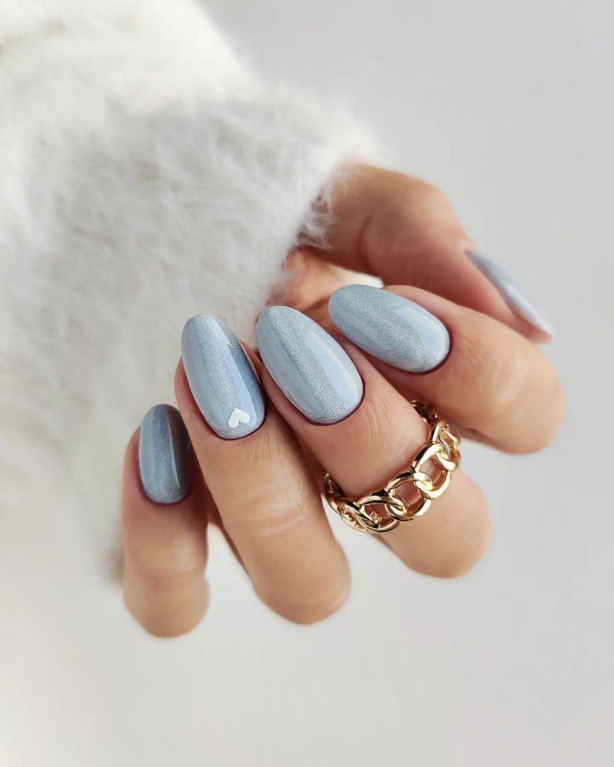Shimmering Light Blue Cat Eye — Medium Length Winter Nails