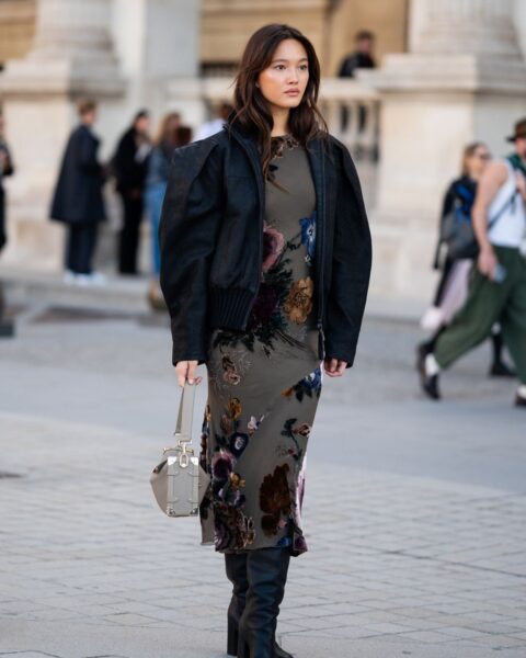 Floral Midi Dress with a Puffed Sleeve Bomber Jacket Floral Midi Dress with a Puffed Sleeve Bomber Jacket — Winter Date Night Outfits