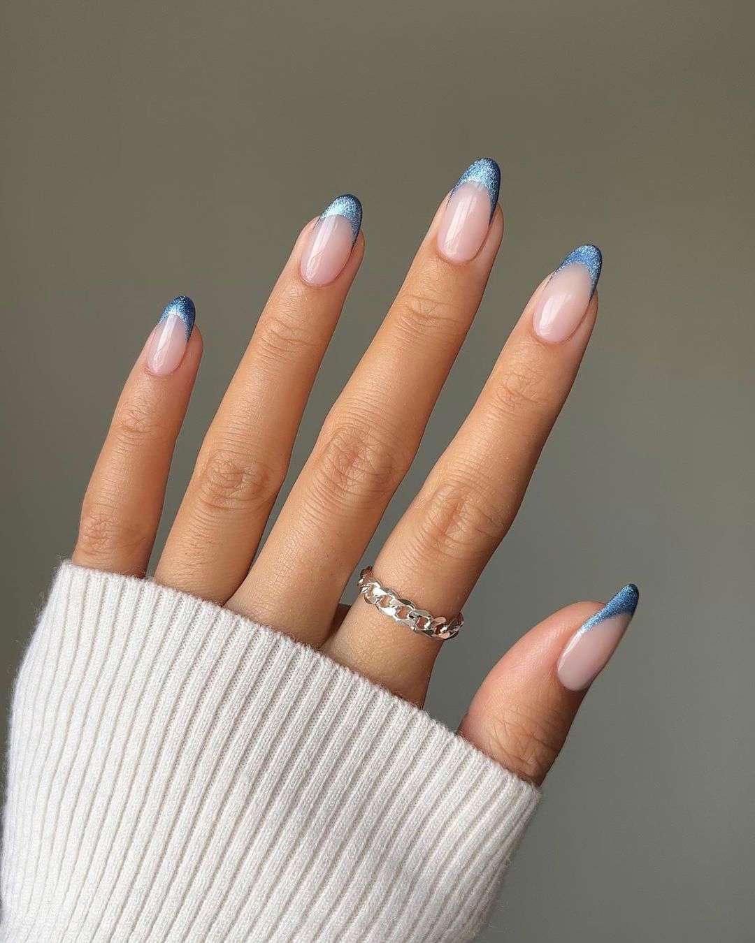 Sheer Pink Base Blue Glitter Tips Medium Almond Blue Glitter French Tips — Winter French Tip Nails