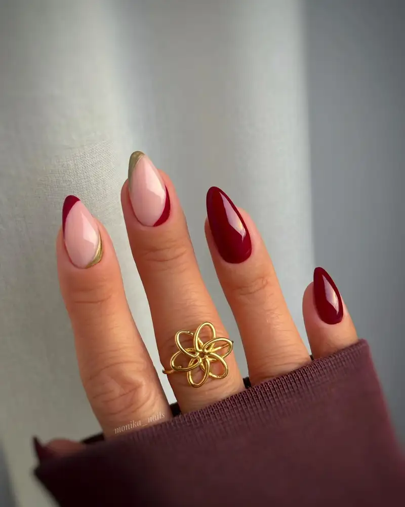 Sheer Nude and Deep Red Mixed Media Nails — Simple Winter Nails