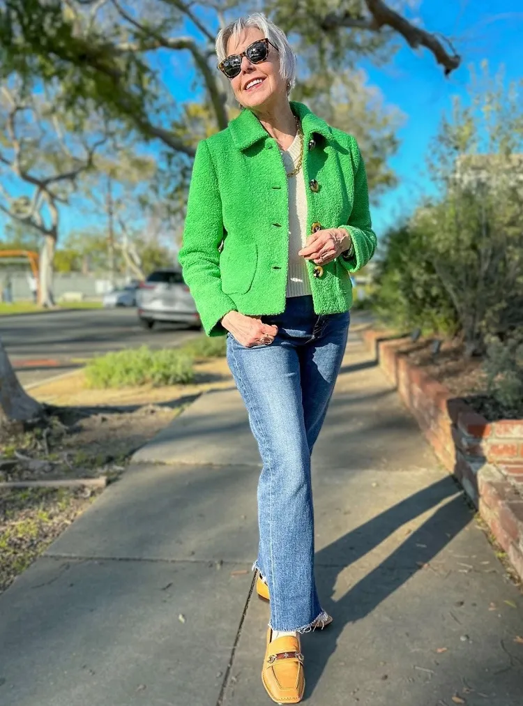 Smart Casual Brown Suede Jacket with White Shirt and Light Blue Jeans Smart Casual Brown Suede Jacket with White Shirt and Light Blue Jeans — Winter Outfits for Women Over 60