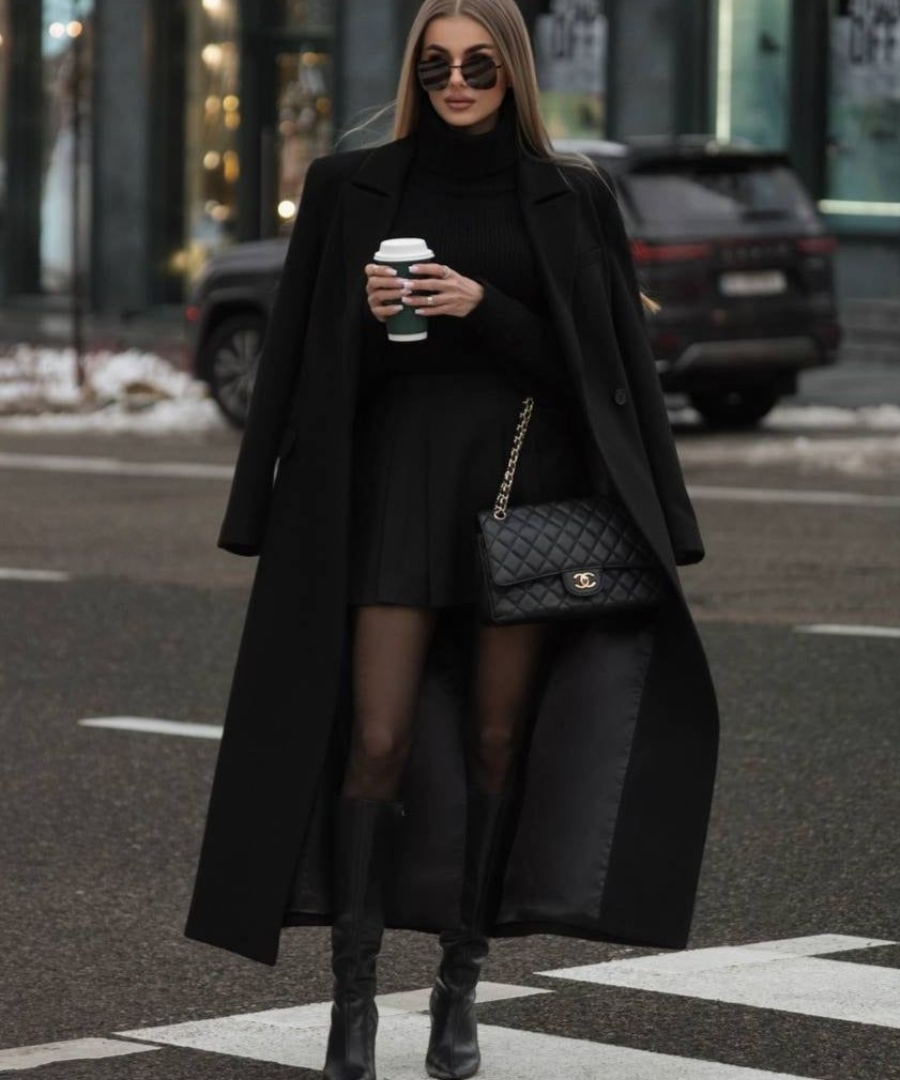 All Black Elegance: Wool Coat with Pleated Skirt All Black Elegance: Wool Coat with Pleated Skirt — Early Winter Outfits