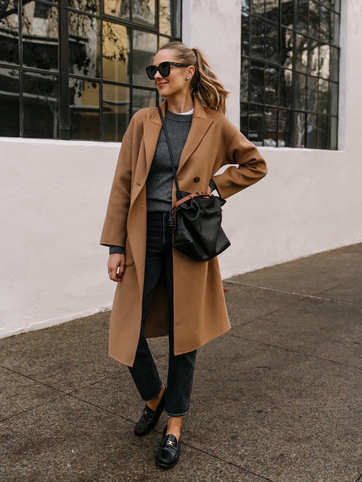 Double-Breasted Camel Coat with Grey Sweater and Jeans — Camel Coat Outfits