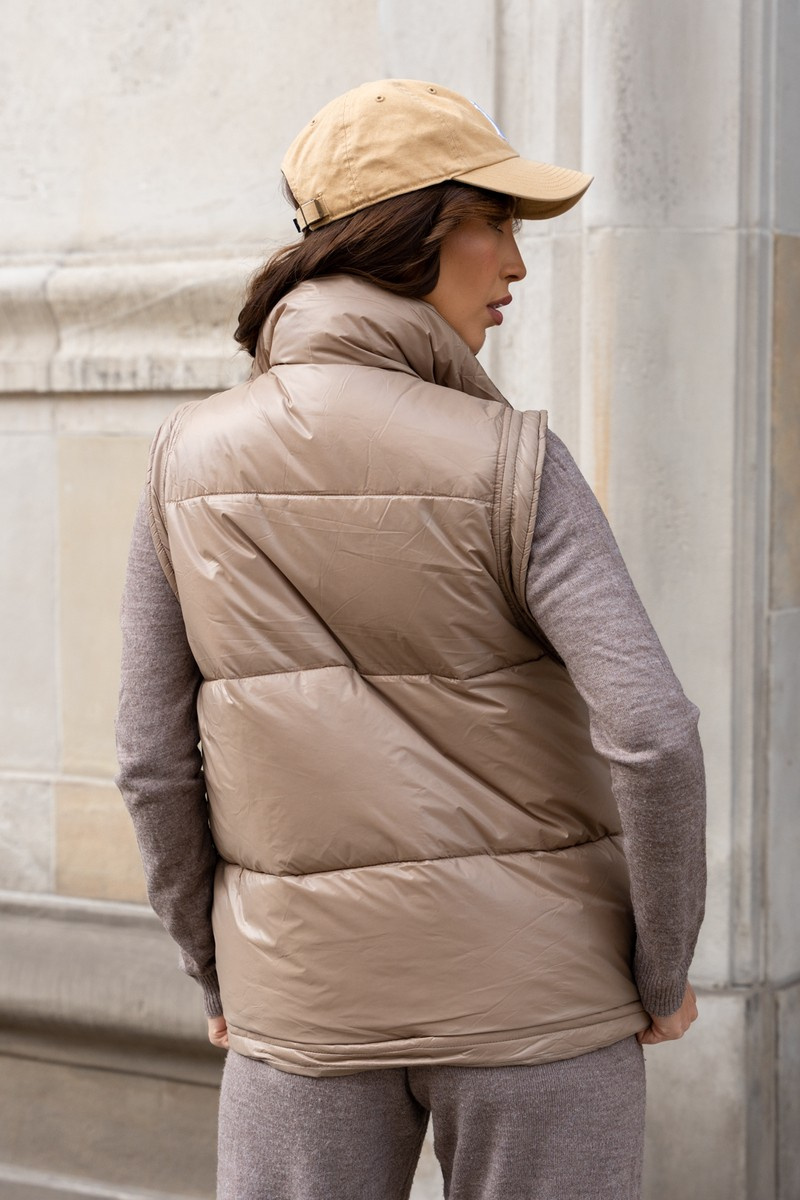 Shiny Taupe Puffer Vest Over Knit Set — Puffer Vest Outfits