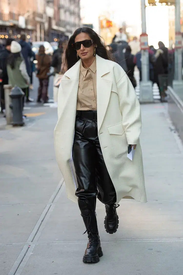 Chunky Sole Boots with Leather Trousers and Wool Coat — Winter Boots Outfits