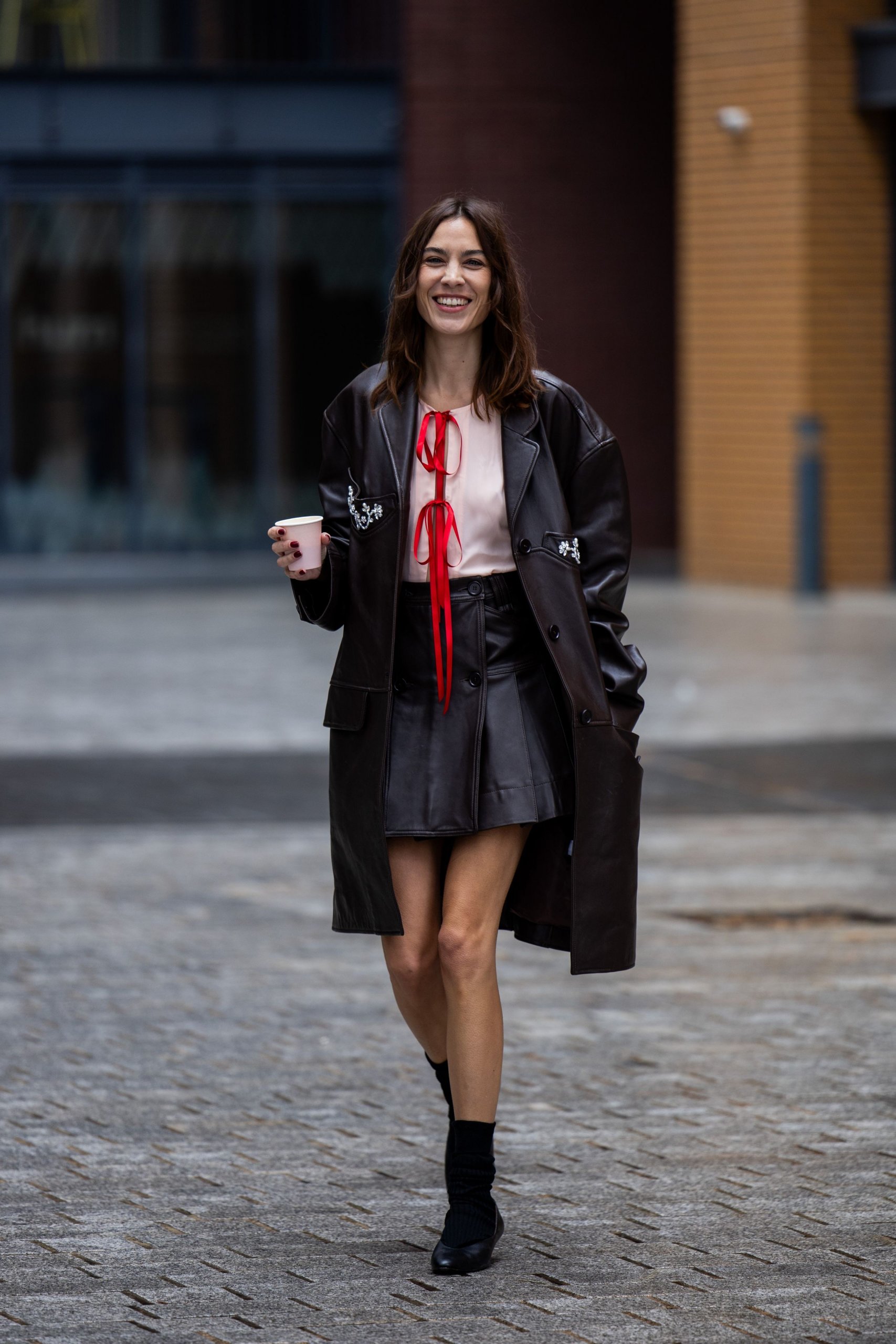 Luxurious Leather Coat with Pink Blouse and Mini Skirt Luxurious Leather Coat with Pink Blouse and Mini Skirt — London Winter Outfits