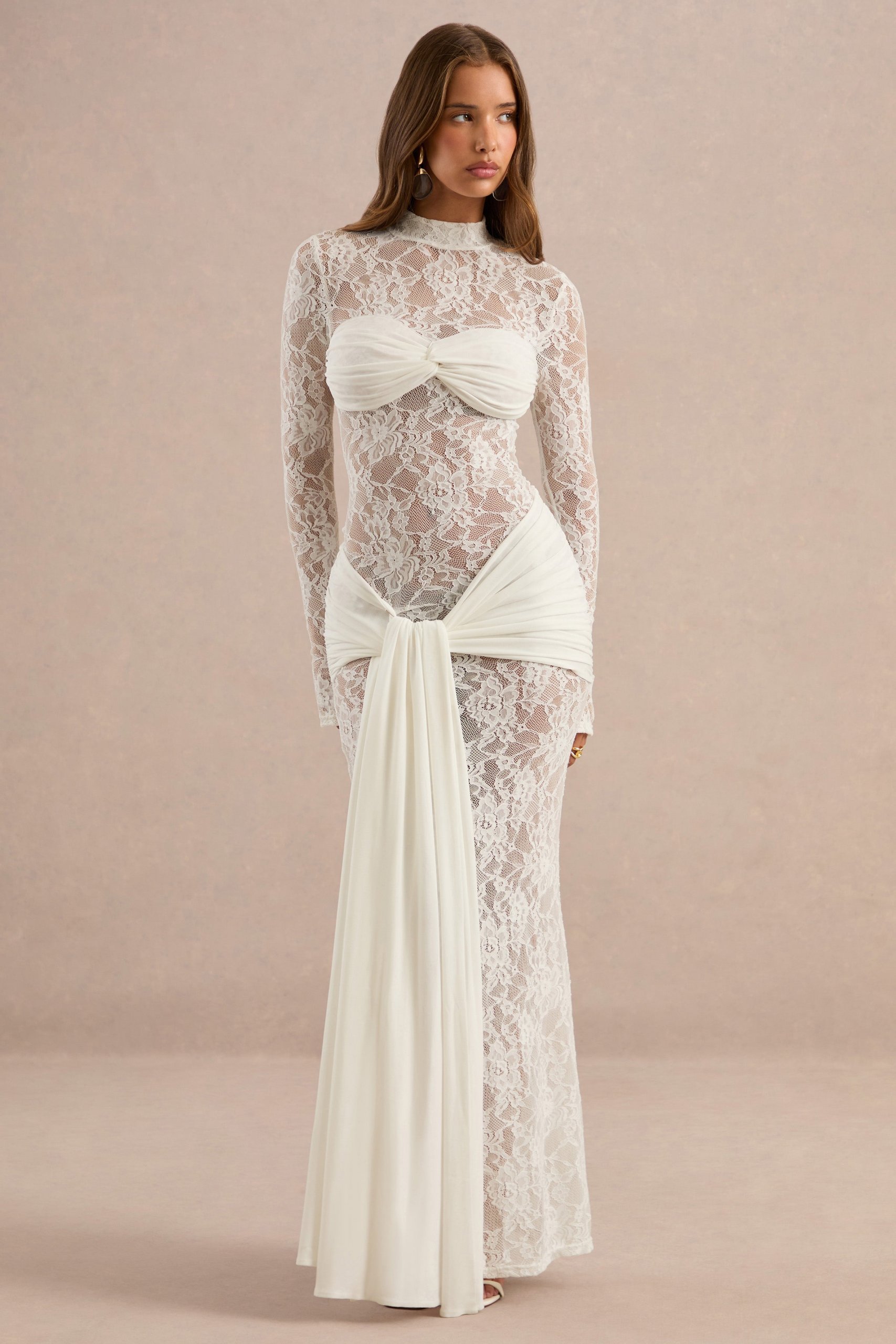 Ivory Lace Gown with Draped Waist Detail Ivory Lace Gown with Draped Waist Detail — Winter Birthday Outfits