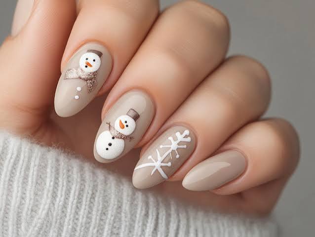 Nude Almond Nails With Snowman — Cute Winter Nails