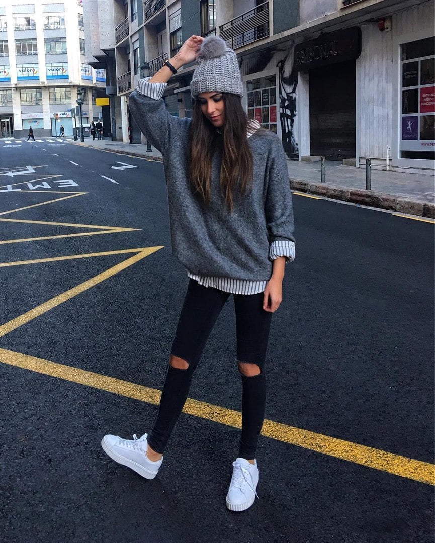 Oversized Grey Sweater with Ripped Skinny Jeans — Winter School Outfits