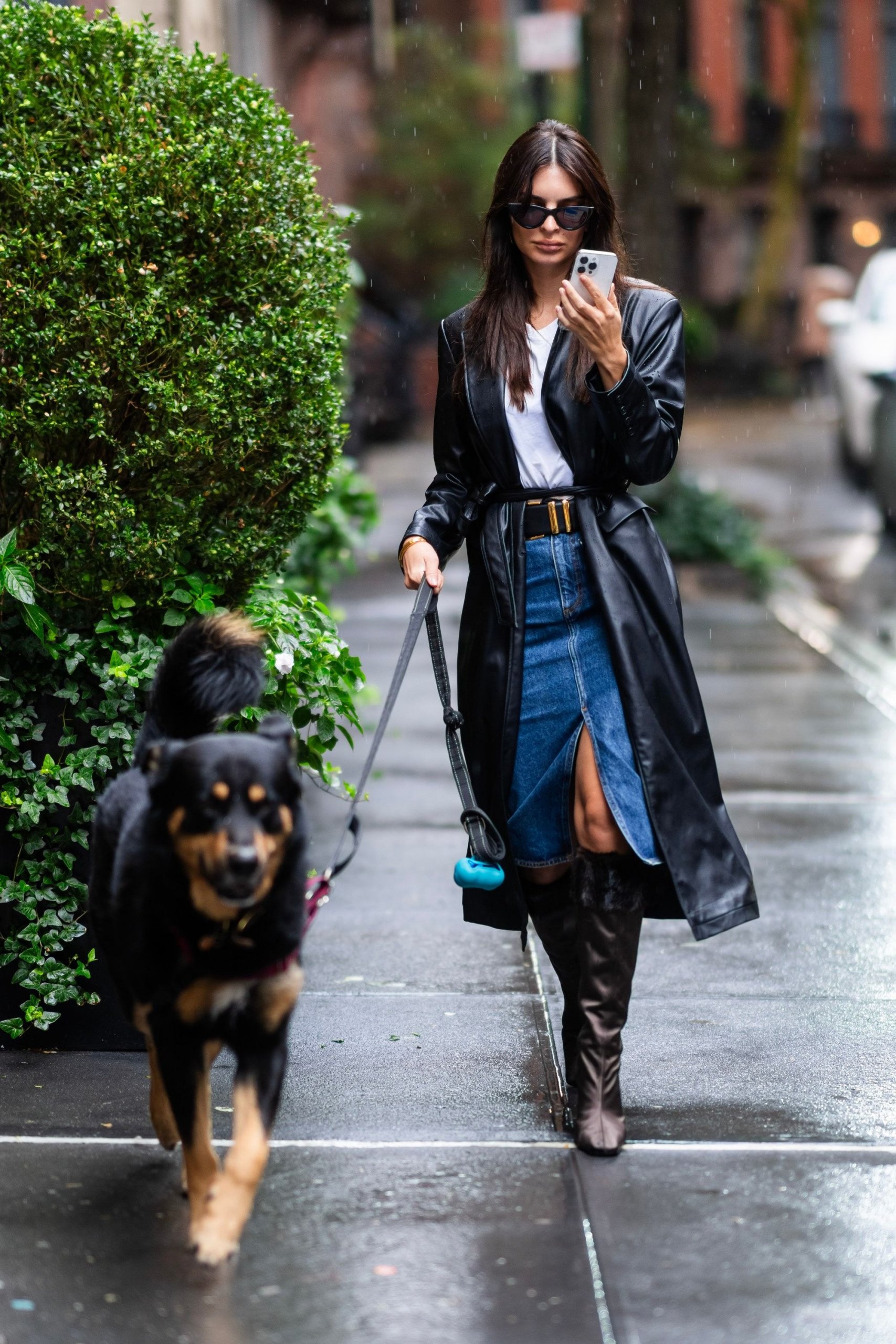Leather Trench Coat Over Denim Skirt and T-shirt Leather Trench Coat Over Denim Skirt and T-shirt — Black Boots Outfits