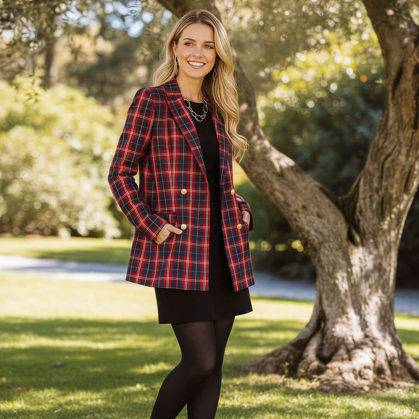 Plaid Blazer Over Black Dress for a Professional Statement Plaid Blazer Over Black Dress for a Professional Statement — Winter Teacher Outfits