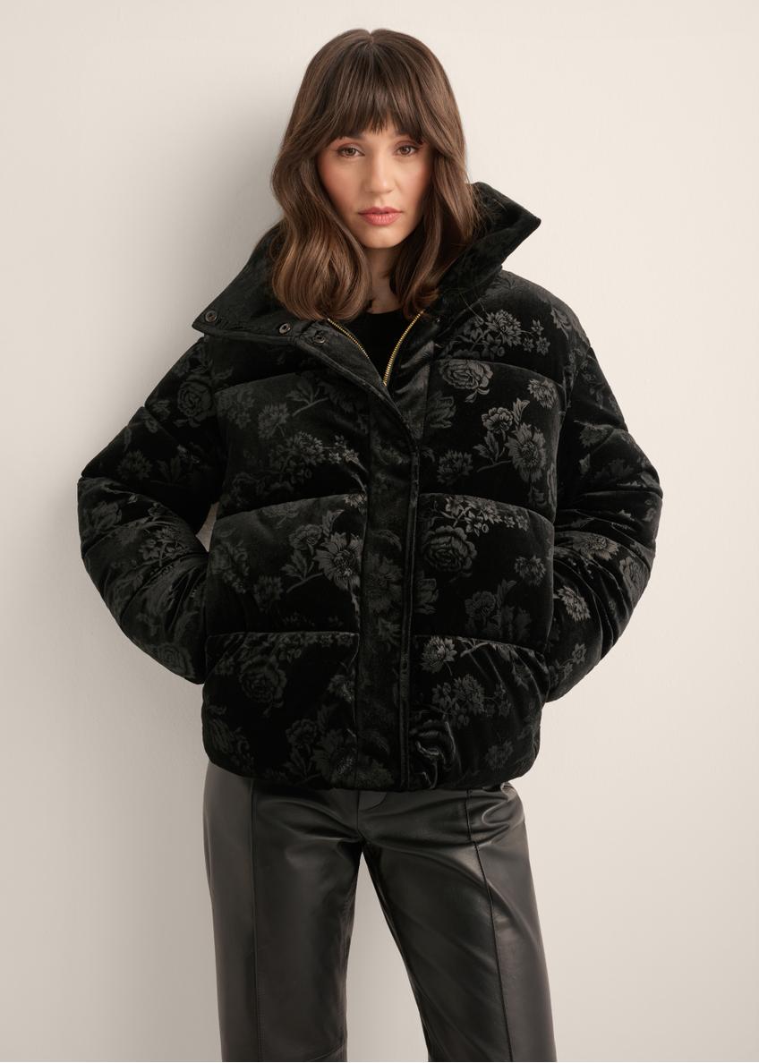 Black Velvet Floral Puffer Jacket with Gold Accents Black Velvet Floral Puffer Jacket with Gold Accents — Winter Jackets for Women