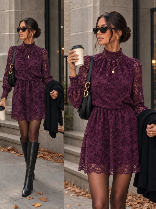 Deep Purple Lace Mini Dress with High Neckline Deep Purple Lace Mini Dress with High Neckline — Winter Formal Dresses