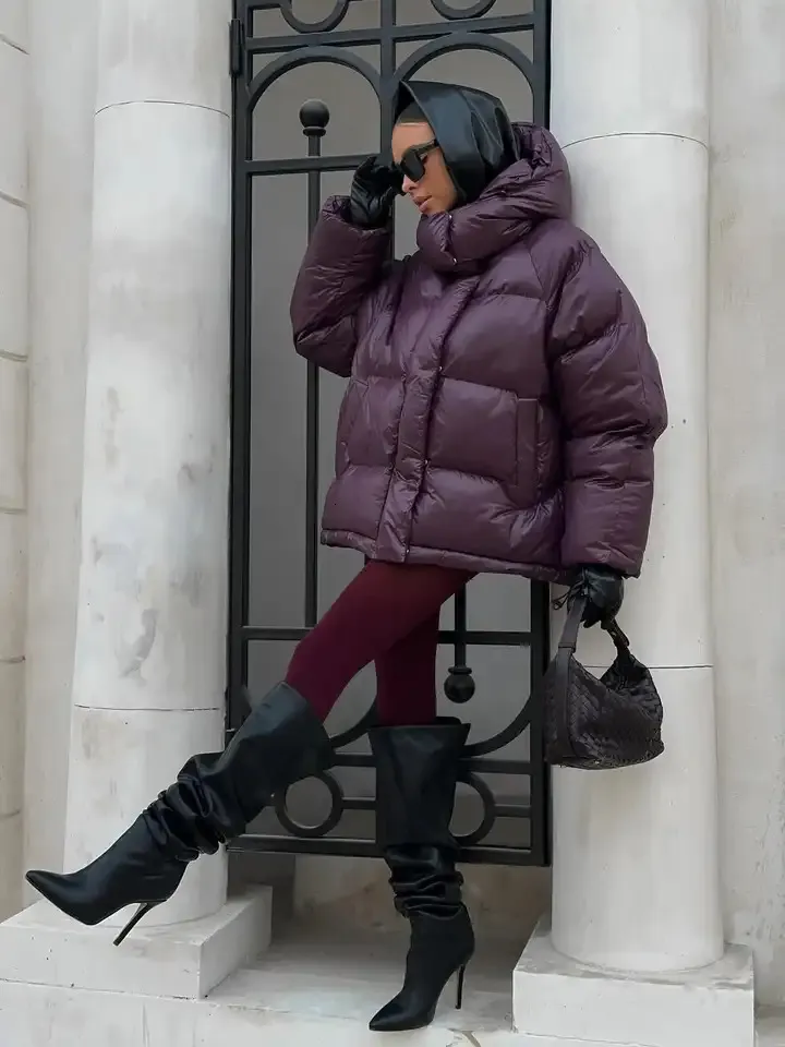 Glossy Purple Puffer Jacket with Slouchy Boots — Winter Puffer Jacket Outfits