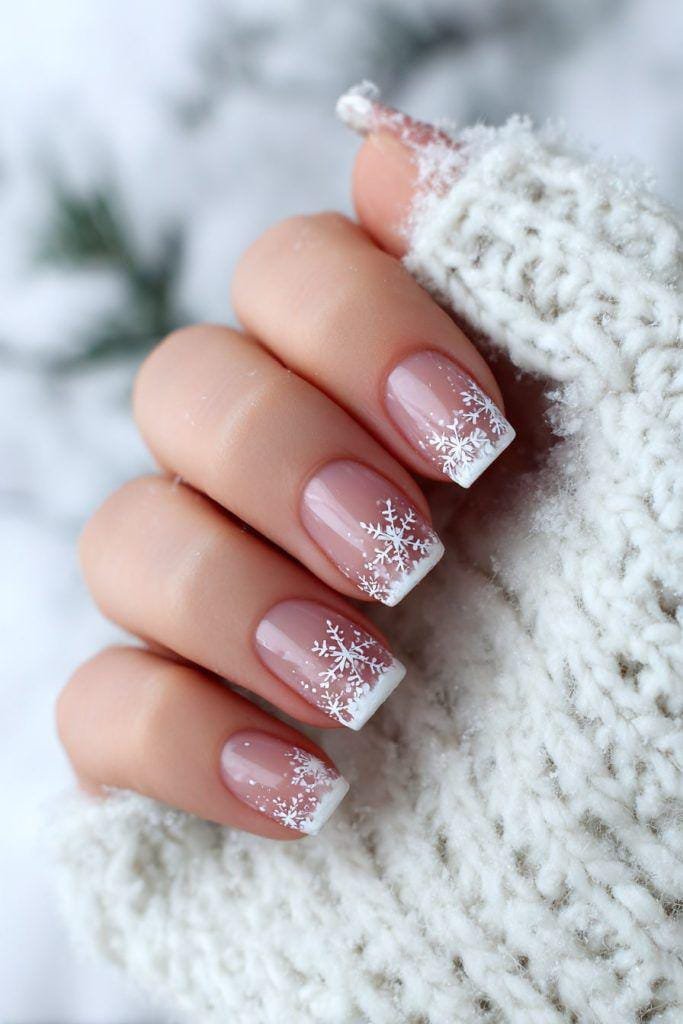 Sheer Pink French with Snowflake Tips — Winter Square Nails