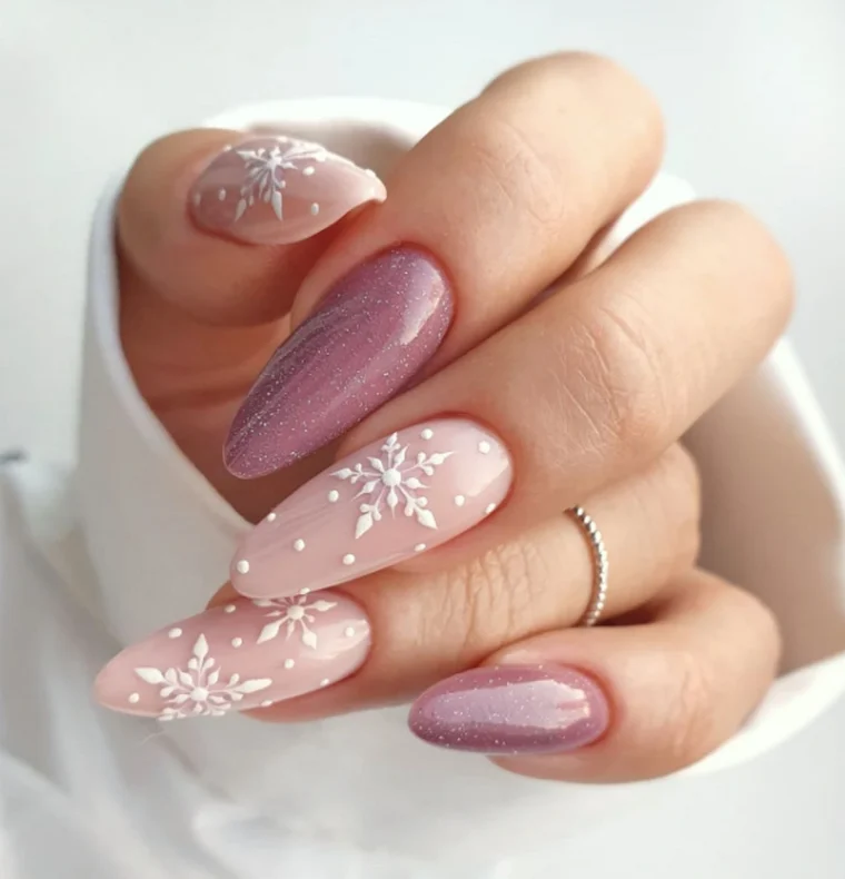Delicate Pink Snowflake Dots — Winter Nails