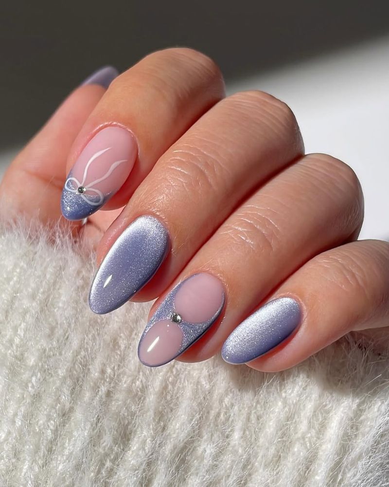 Pale Pink Blue Silver Cat Eye with Bow — Winter Cat Eye Nails