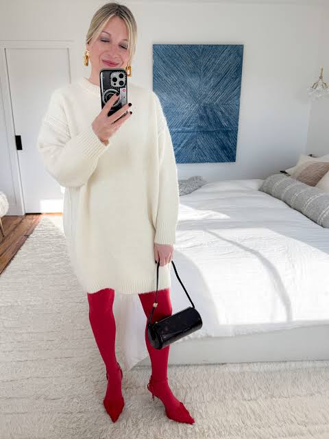Cozy Cream Sweater Dress with Vibrant Red Tights Cozy Cream Sweater Dress with Vibrant Red Tights — Tights Outfits