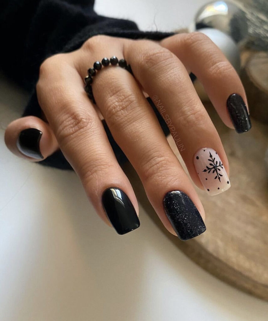 Black and Glitter Square Nails with Snowflakes Black and Glitter Square Nails with Snowflakes — Winter Squoval Nails
