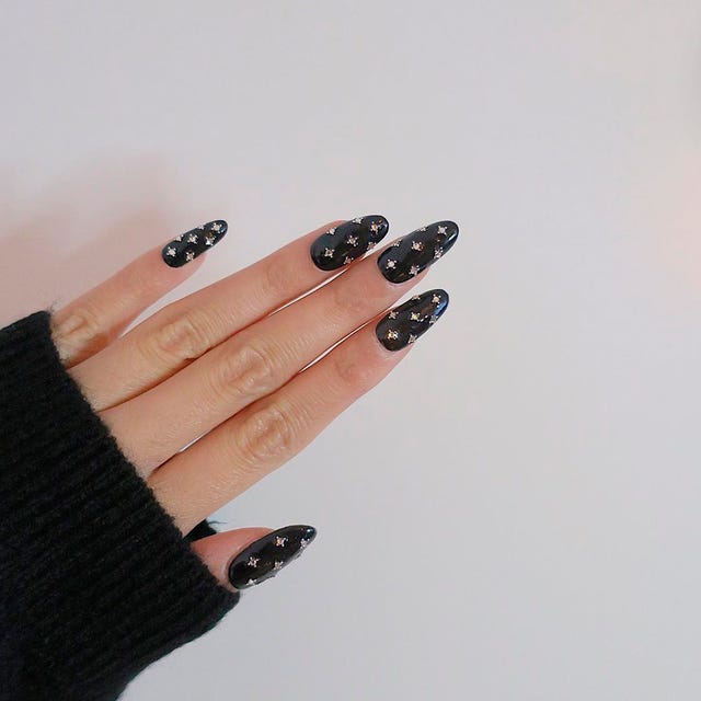 Glossy Black Nails with Star Rhinestones — Winter Black Nails