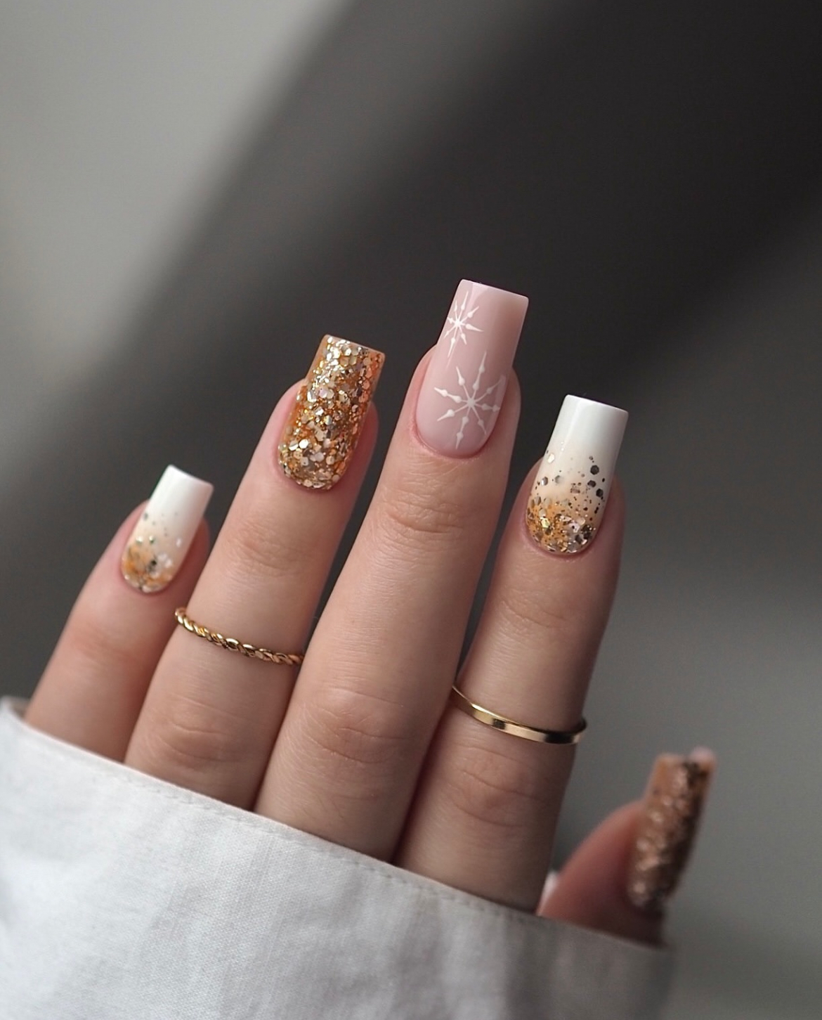 Medium Square Pink with Gold Glitter Ombré and Snowflakes — Winter Square Nails