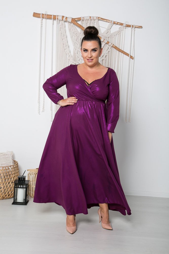 Vibrant Purple Metallic Wrap Dress with Nude Heels — Winter Outfits for Plus Size Women