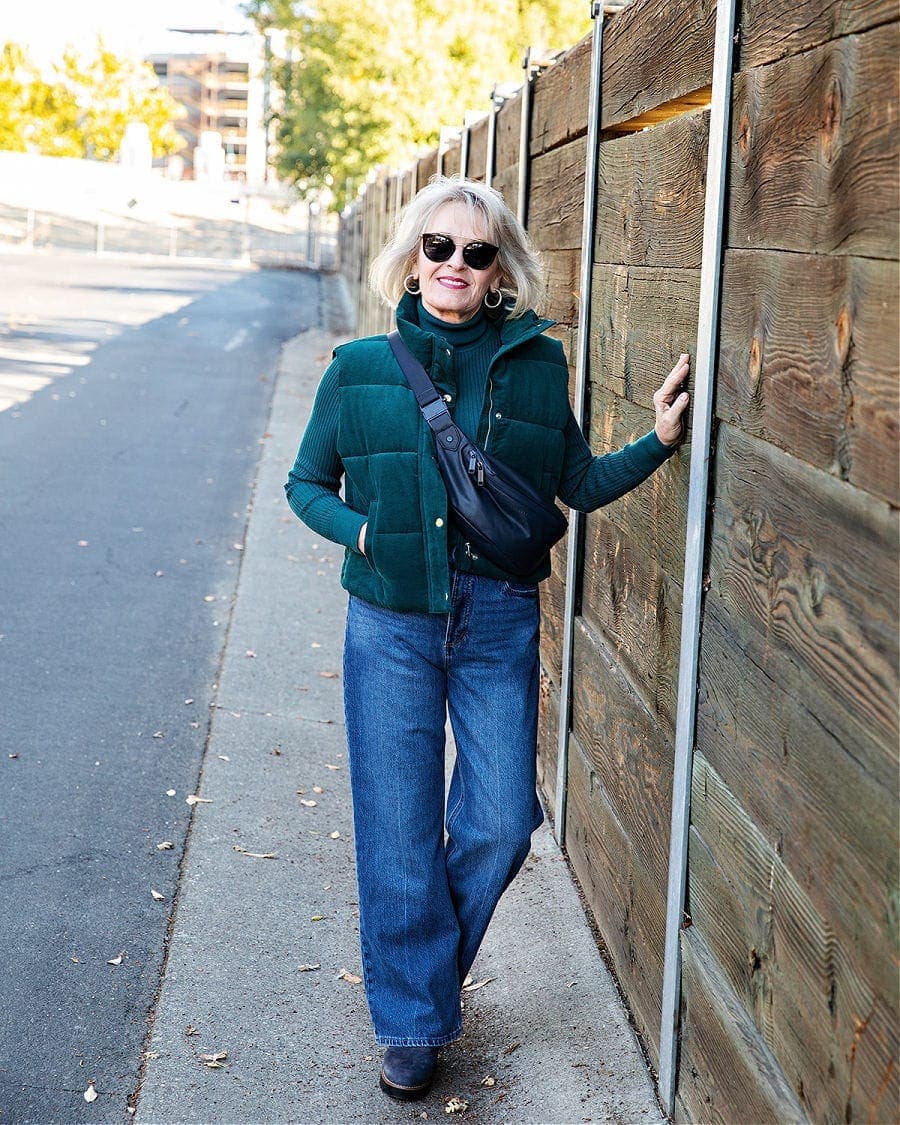 Corduroy Puffer Vest over Turtleneck with Wide-Leg Jeans Corduroy Puffer Vest over Turtleneck with Wide-Leg Jeans — Winter Outfits for Women Over 60