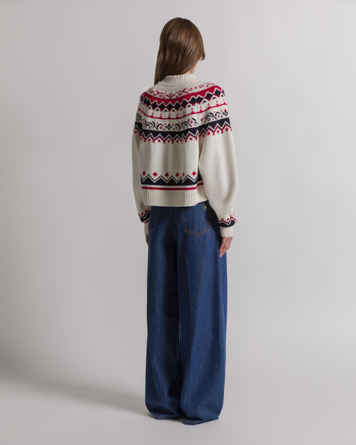 Fair Isle Sweater with Wide-Leg Indigo Denim Jeans for a Casual Look Fair Isle Sweater with Wide-Leg Indigo Denim Jeans for a Casual Look — Fair Isle Sweater Outfits