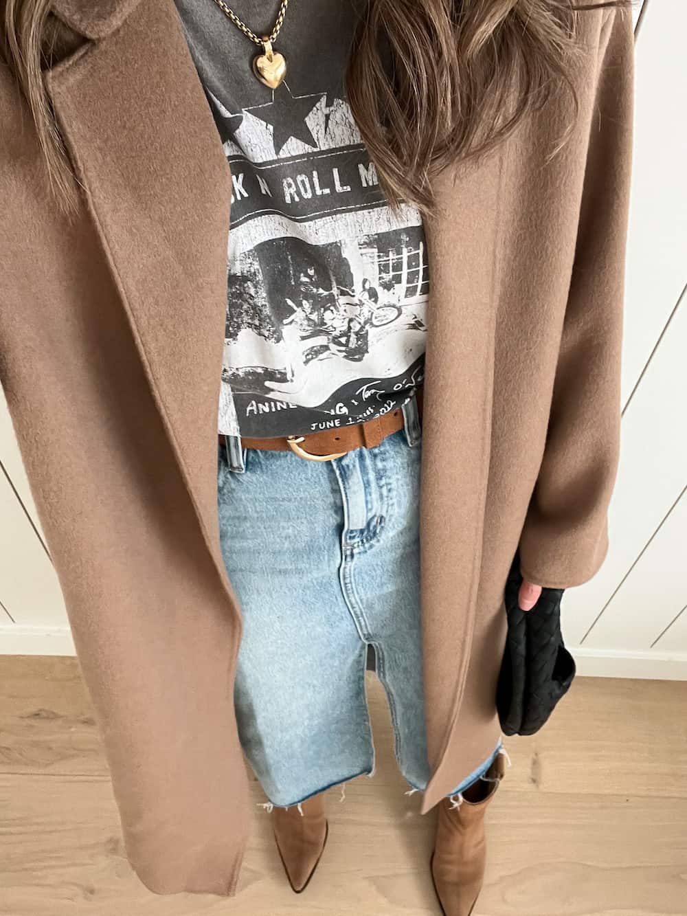 Camel Coat Over Graphic Tee and Denim Skirt — Western Winter Outfits