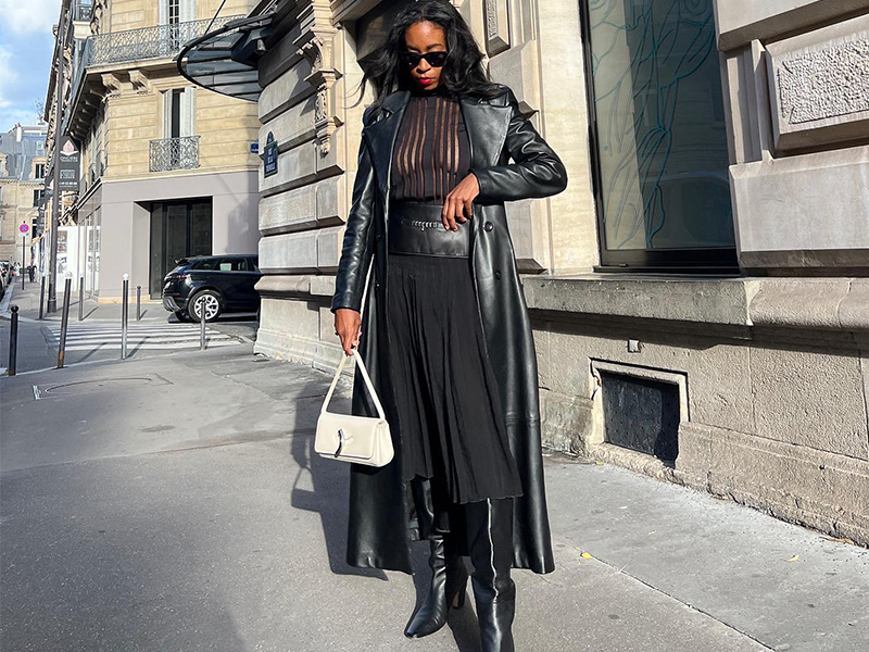 Sophisticated Layers: Leather Trench Over Sheer Top and Midi Skirt Sophisticated Layers: Leather Trench Over Sheer Top and Midi Skirt — All Black Winter Outfits