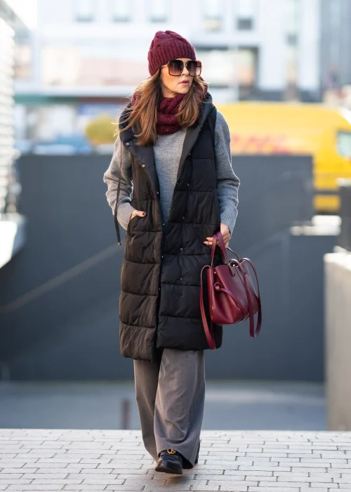 Long Black Puffer Vest with Grey Knit and Corduroy — Puffer Vest Outfits
