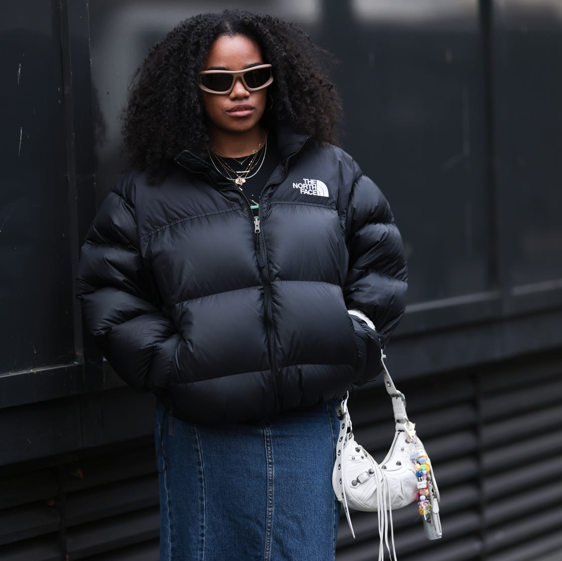 Puffer Jacket and Denim Skirt Streetwear Ensemble — Winter Streetwear Outfits