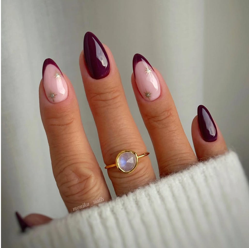 Burgundy French Tip Almonds with Snowflakes — Medium Length Winter Nails