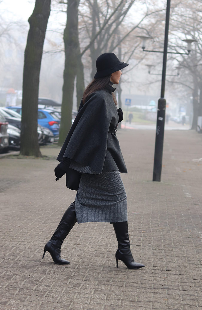 Charcoal Grey Wool Cape with Knit Midi Skirt — Cute Winter Outfits