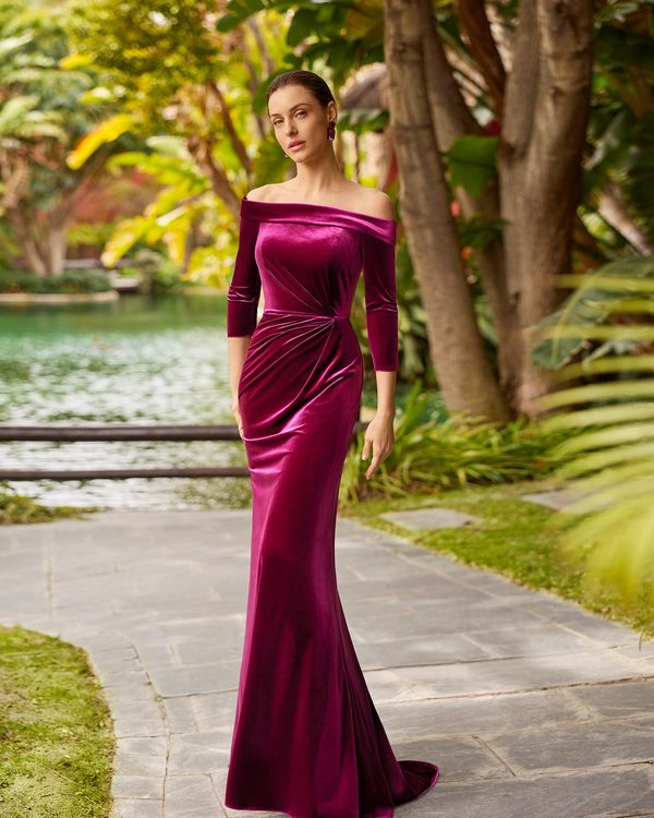 Deep Magenta Velvet Off-the-Shoulder Gown Deep Magenta Velvet Off-the-Shoulder Gown — Winter Wedding Guest Outfits