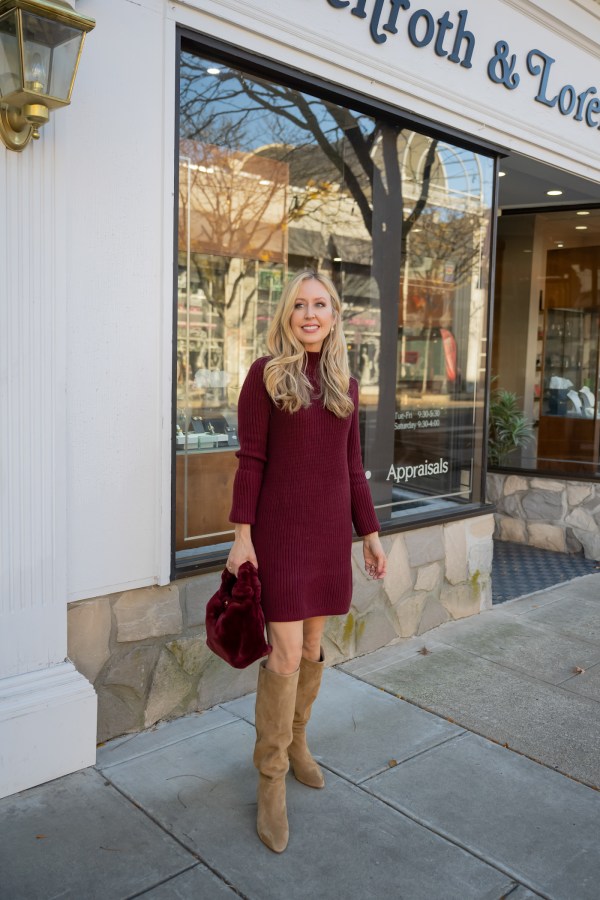 Burgundy Knit Shift Dress with Tan Suede Boots Burgundy Knit Shift Dress with Tan Suede Boots — Winter Outfits for Moms