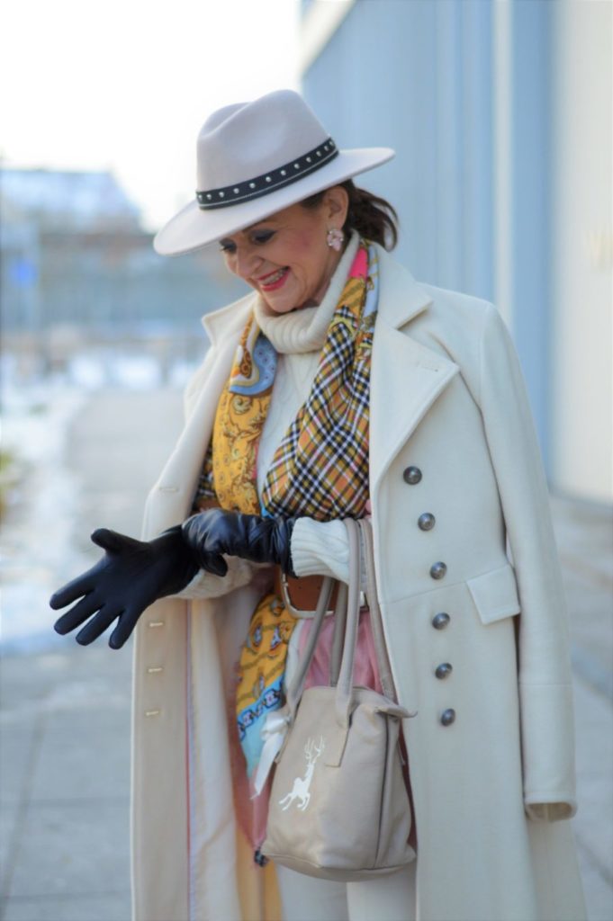 Cream Double Breasted Wool Coat and Patterned Scarf Cream Double Breasted Wool Coat and Patterned Scarf — Winter Outfits for Women Over 70