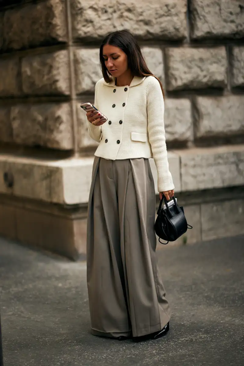 Cream Textured Jacket with Grey Wide-Leg Trousers Cream Textured Jacket with Grey Wide-Leg Trousers — Winter to Spring Transition Outfits
