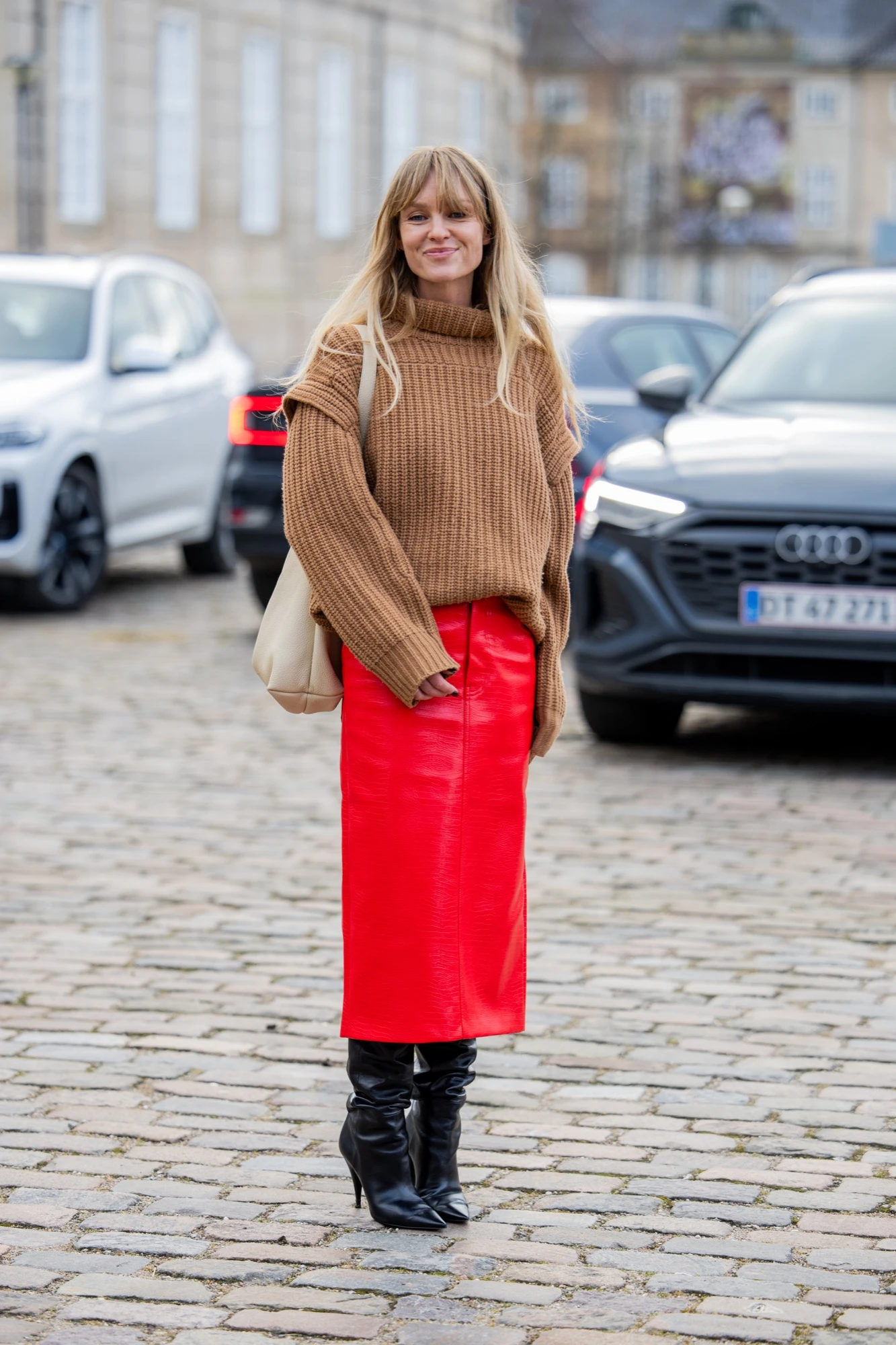 Red Leather Midi Skirt with Chunky Knit Turtleneck Sweater Red Leather Midi Skirt with Chunky Knit Turtleneck Sweater — Leather Skirt Outfits