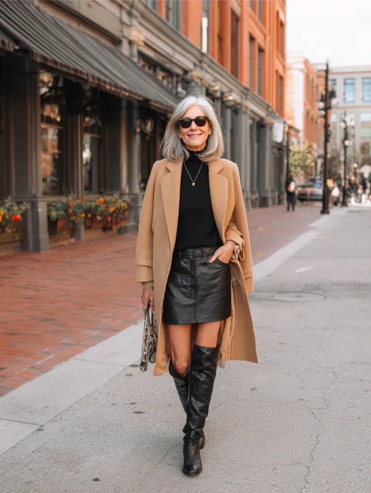Camel Coat Layered Over Black Turtleneck and Leather Mini Skirt Camel Coat Layered Over Black Turtleneck and Leather Mini Skirt — Winter Outfits for Women Over 70
