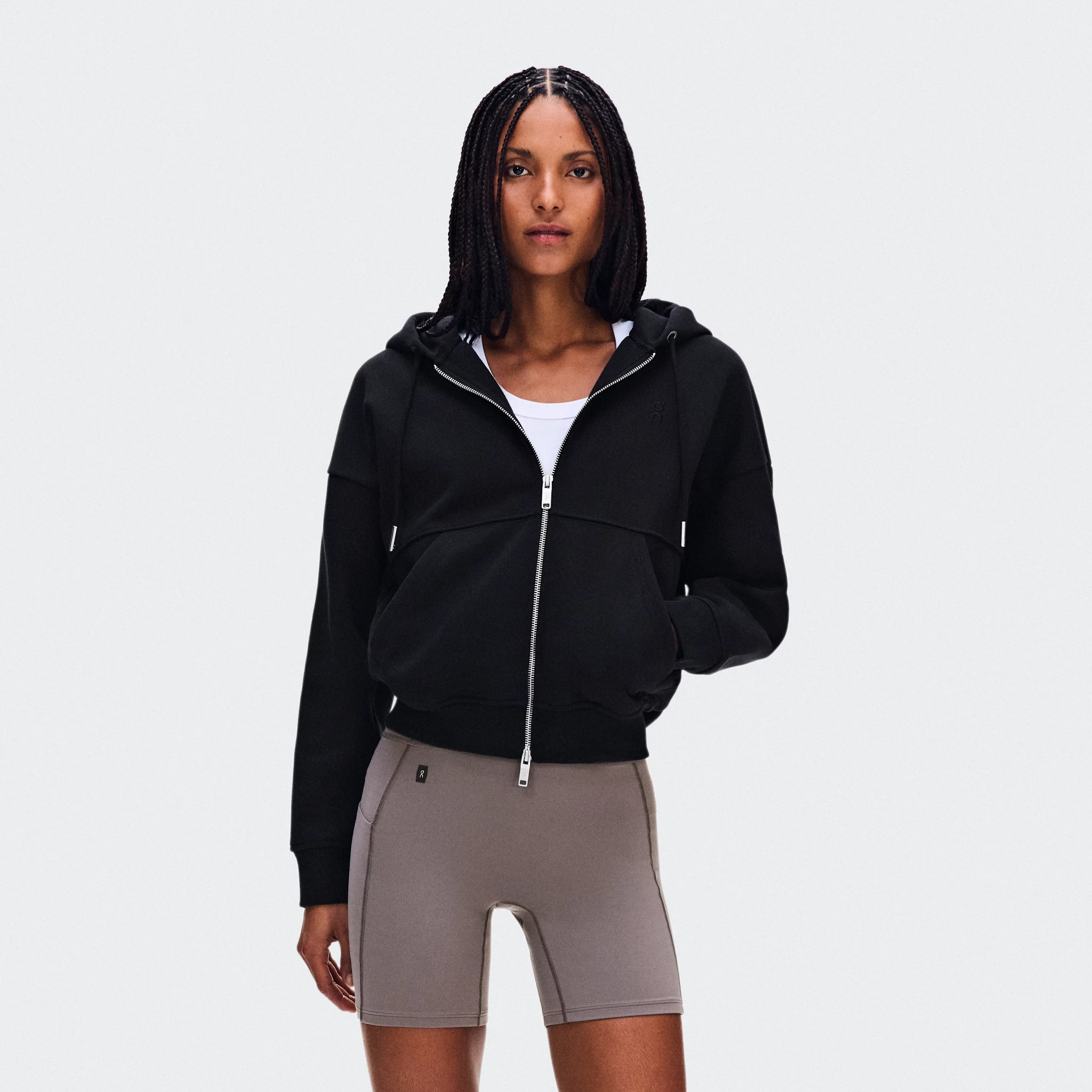 Zip-Up Hoodie Over Tank with Athletic Shorts Zip-Up Hoodie Over Tank with Athletic Shorts — Winter Workout Outfits