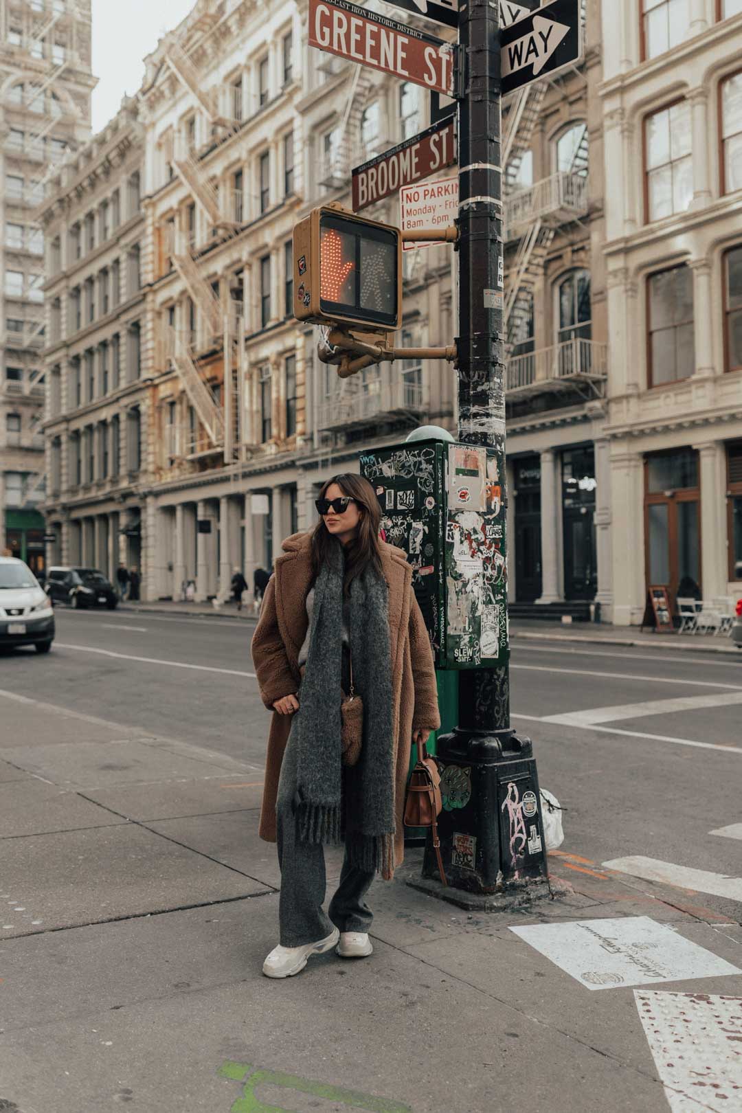 Cozy Brown Teddy Coat with Grey Knitwear — Late Winter Outfits