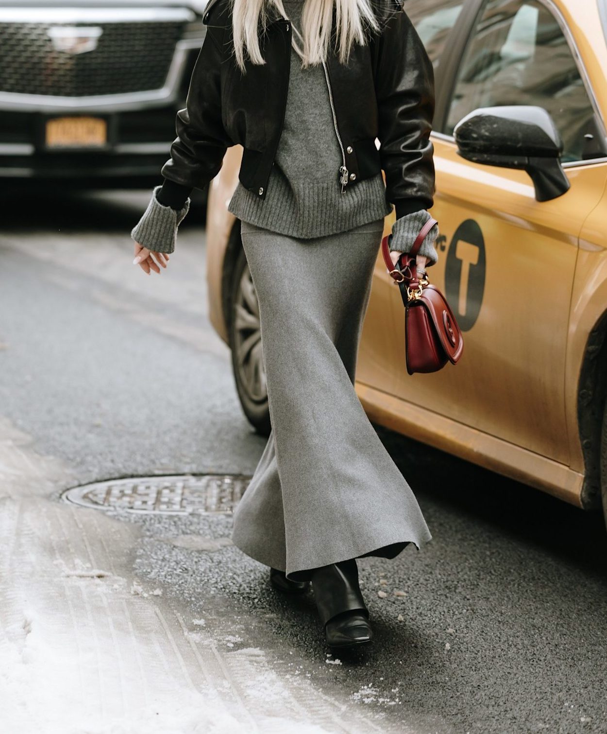 Grey Flared Maxi Skirt with a Leather Bomber Jacket — Winter Skirt Outfits