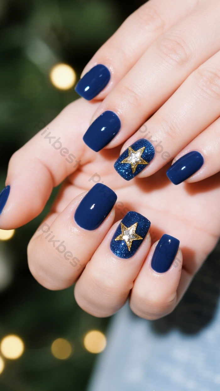 Navy Blue With Gold Star Nails — Cute Winter Nails