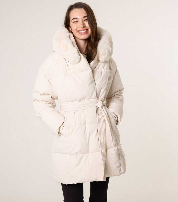 Cream Belted Puffer Coat with Faux Fur Hood Cream Belted Puffer Coat with Faux Fur Hood — Winter Jackets for Women