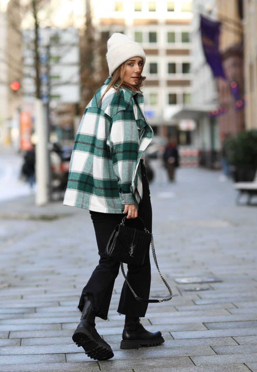 White Beanie with Plaid Shacket and Chunky Boots White Beanie with Plaid Shacket and Chunky Boots — Beanie Outfits